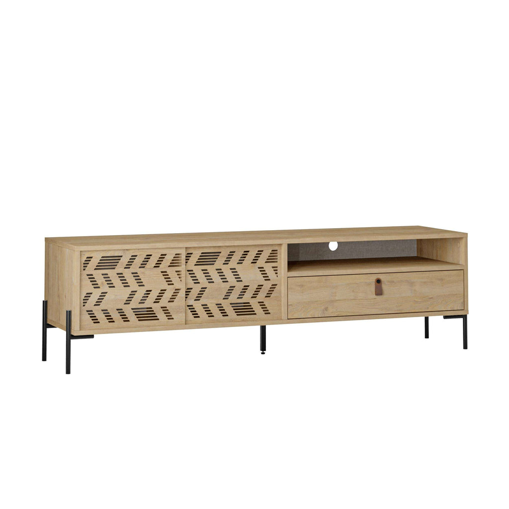 Light oak TV console with open slot, patterned doors, and two front drawers