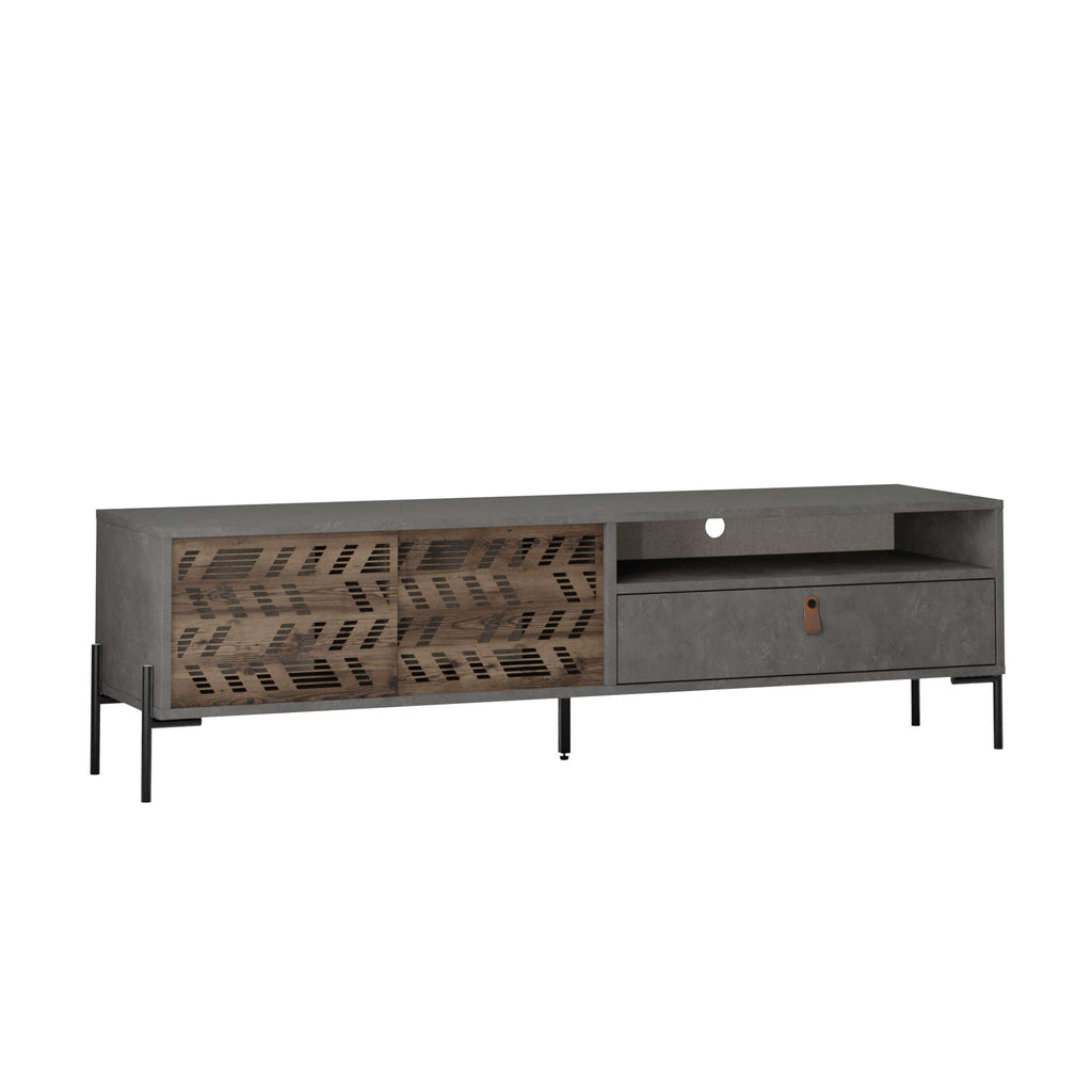 Dark grey TV stand with patterned cabinet doors and one large drawer (diagram view)