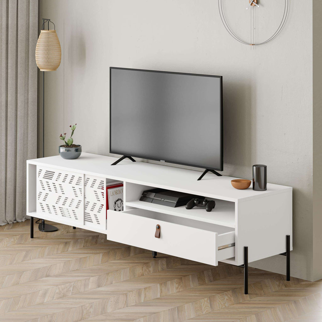 White TV stand with open media space and sliding drawer fronts, perforated side doors