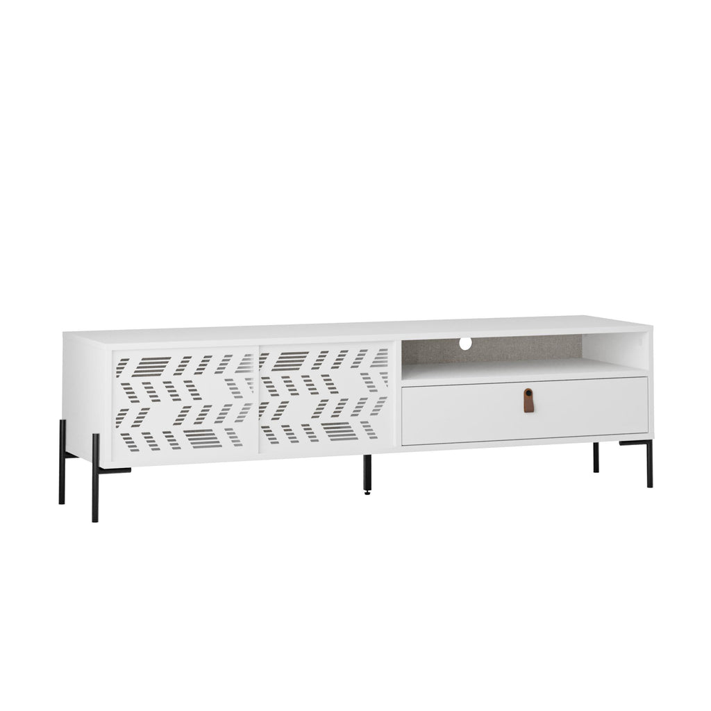 White TV stand with perforated side panels, open compartment, and drawer with handle