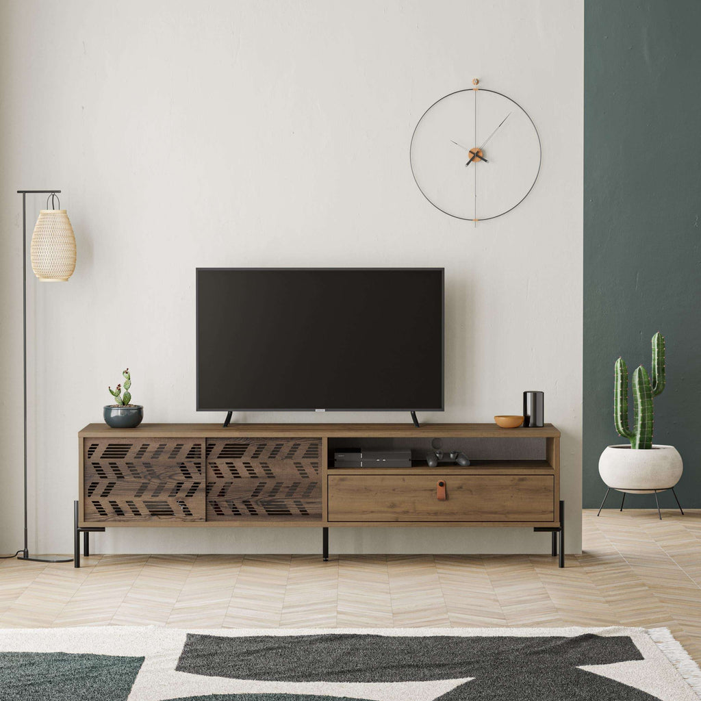 Modern TV stand with patterned sliding doors, media compartment, and drawer storage