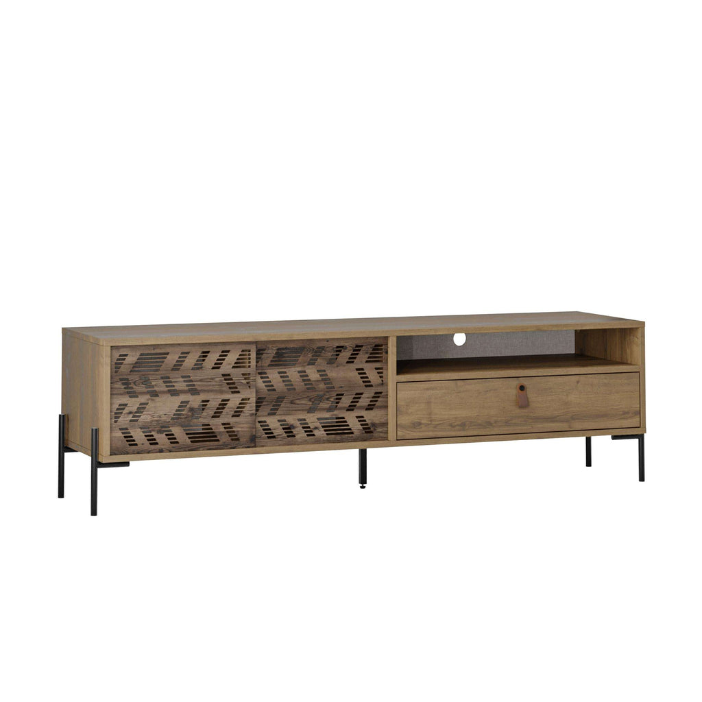 Modern TV stand in light wood with patterned cabinet doors, drawer, and open media space
