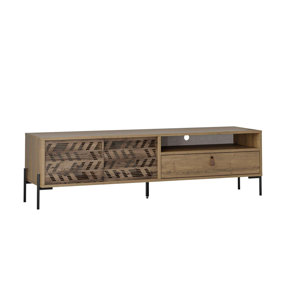 Modern TV stand in light wood with patterned cabinet doors, drawer, and open media space