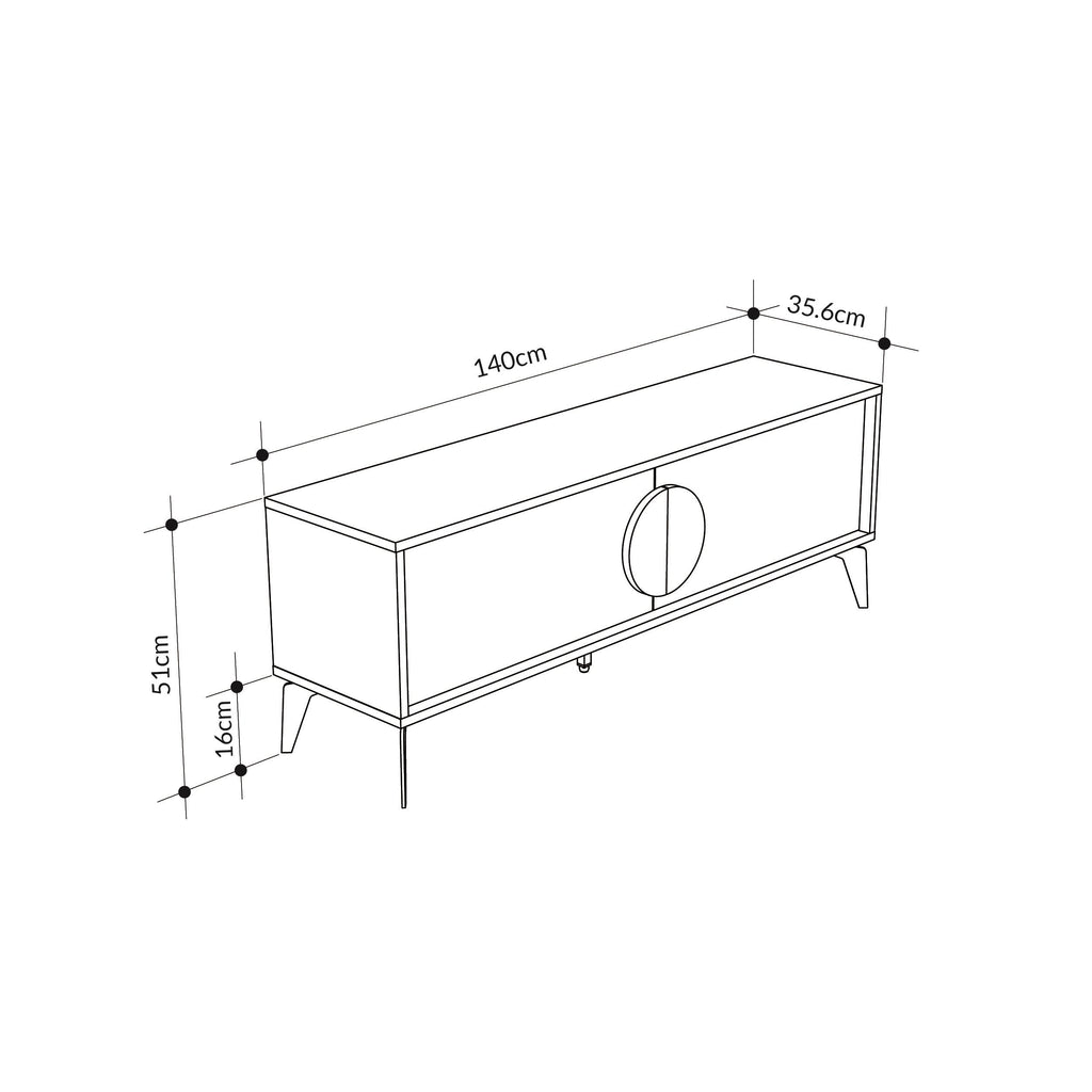 Modern TV stand with single cabinet door and tapered legs, 140cm length