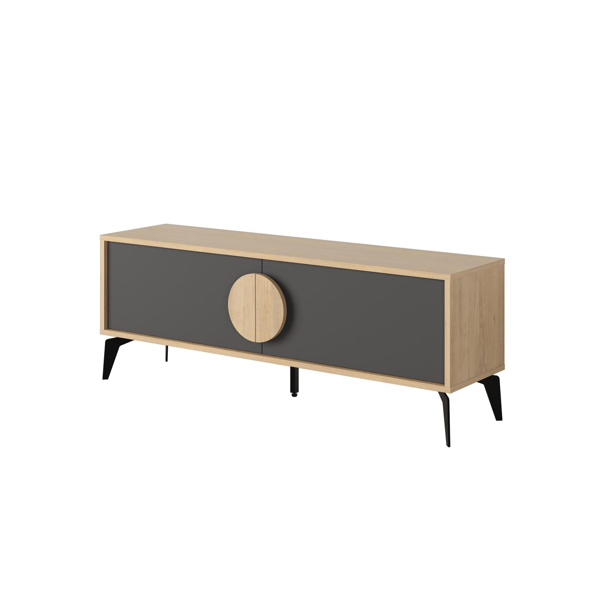 Modern TV stand with light oak top and dark front panels, round center pull