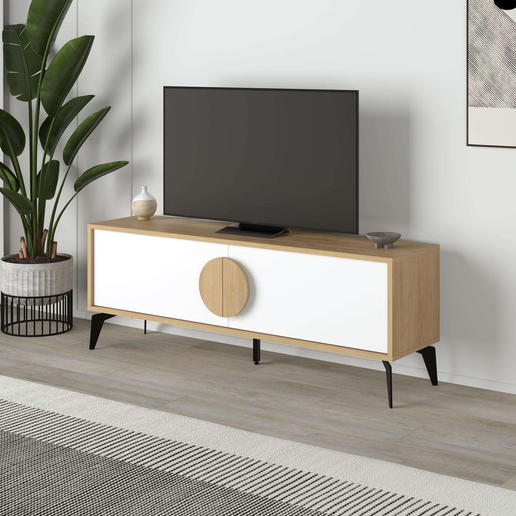 Modern TV stand in light oak with white cabinet and round wooden door pull