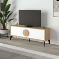Modern TV stand in light oak with white cabinet and round wooden door pull