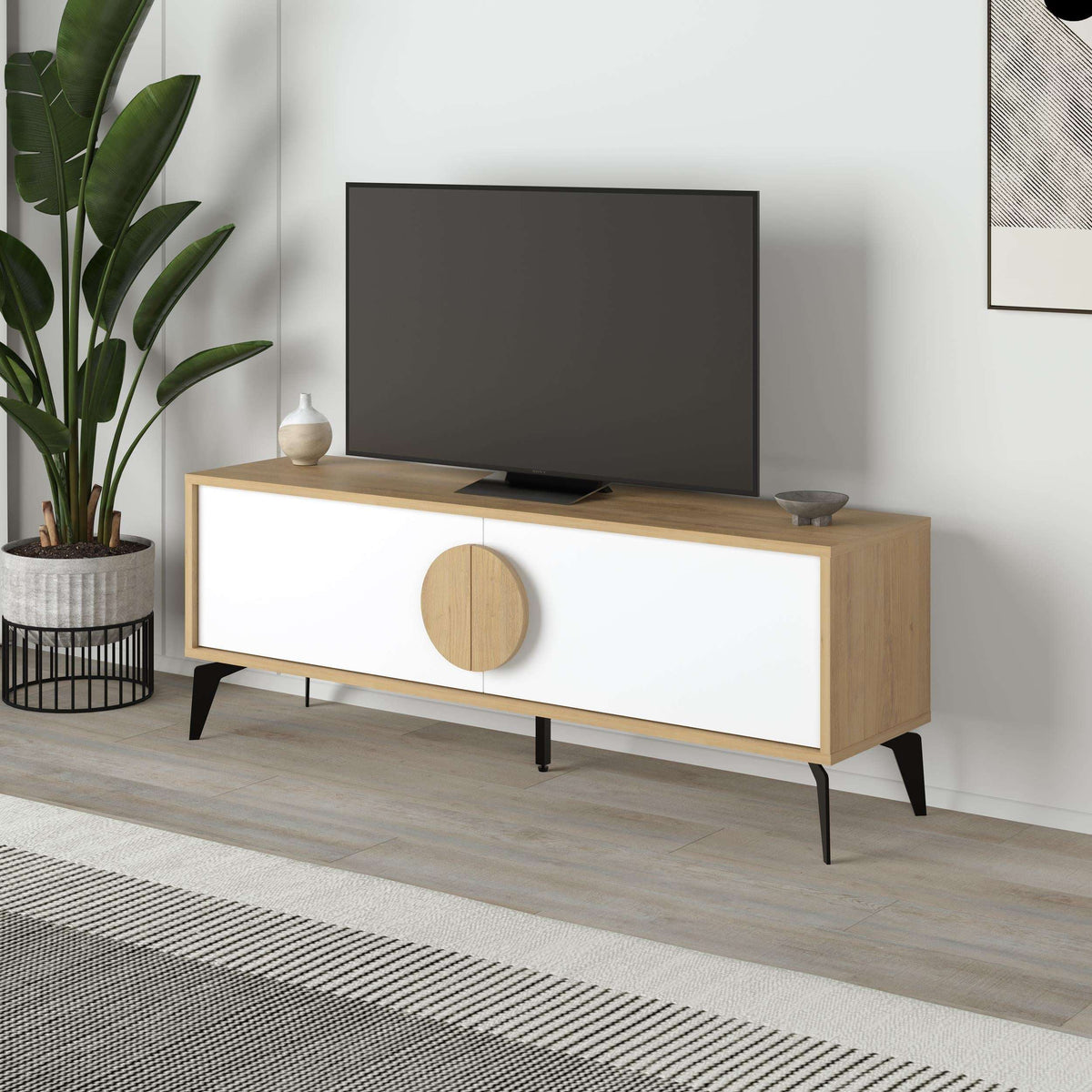 Modern TV stand in light oak with white cabinet and round wooden door pull
