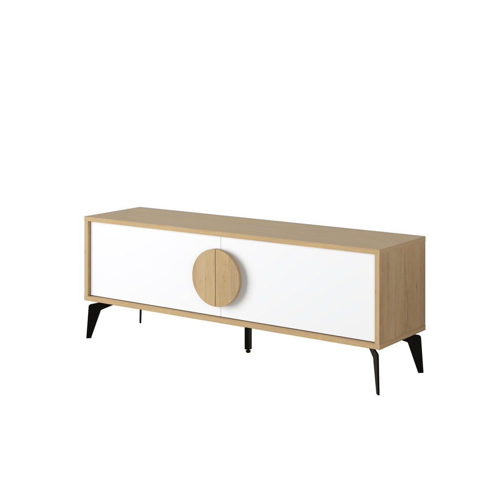 Modern TV stand with light oak frame, white drawer front, and round wooden knob