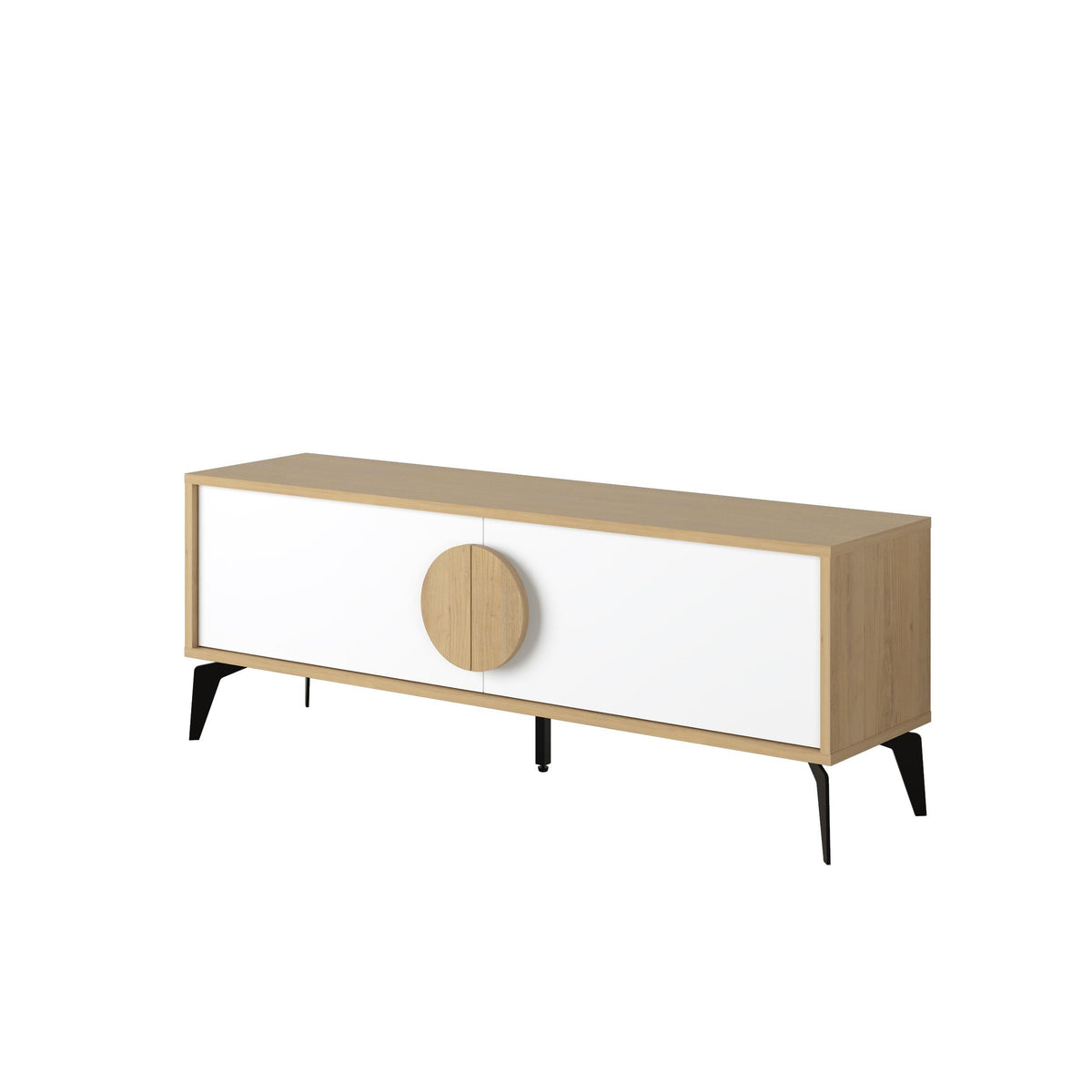 Modern TV stand with light oak frame, white drawer front, and round wooden knob