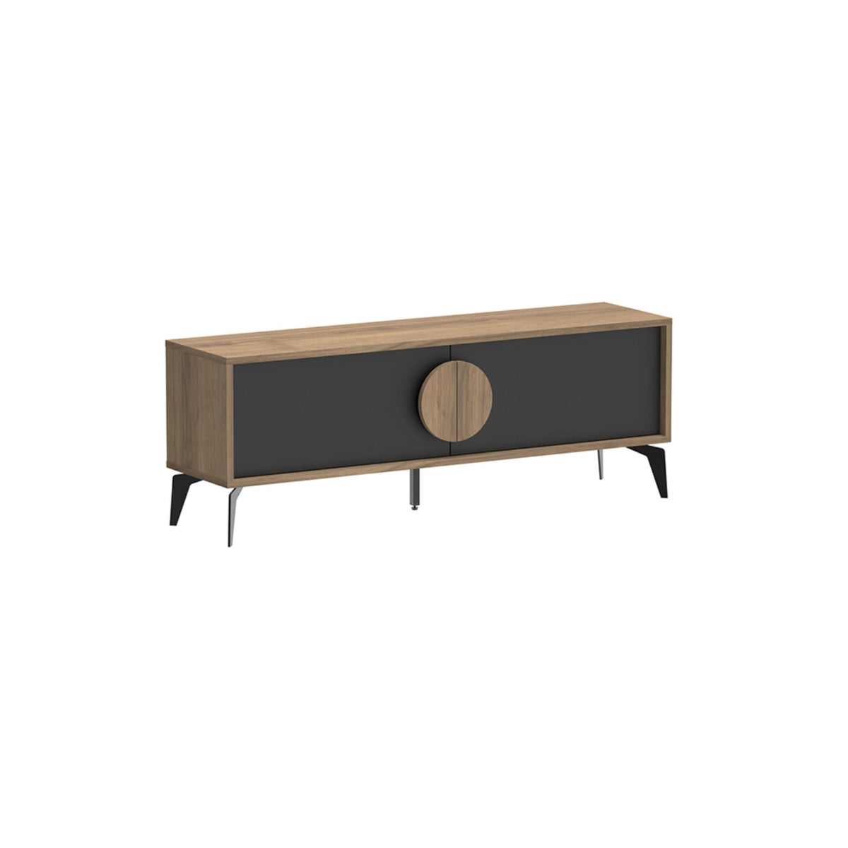 Modern TV stand with light oak sides, dark front panel, and round wooden center knob