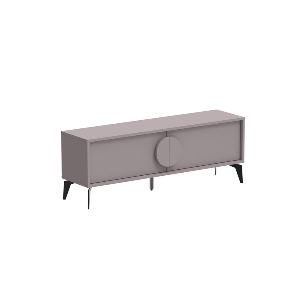 Modern TV stand in light gray with rectangular body and round center door pull