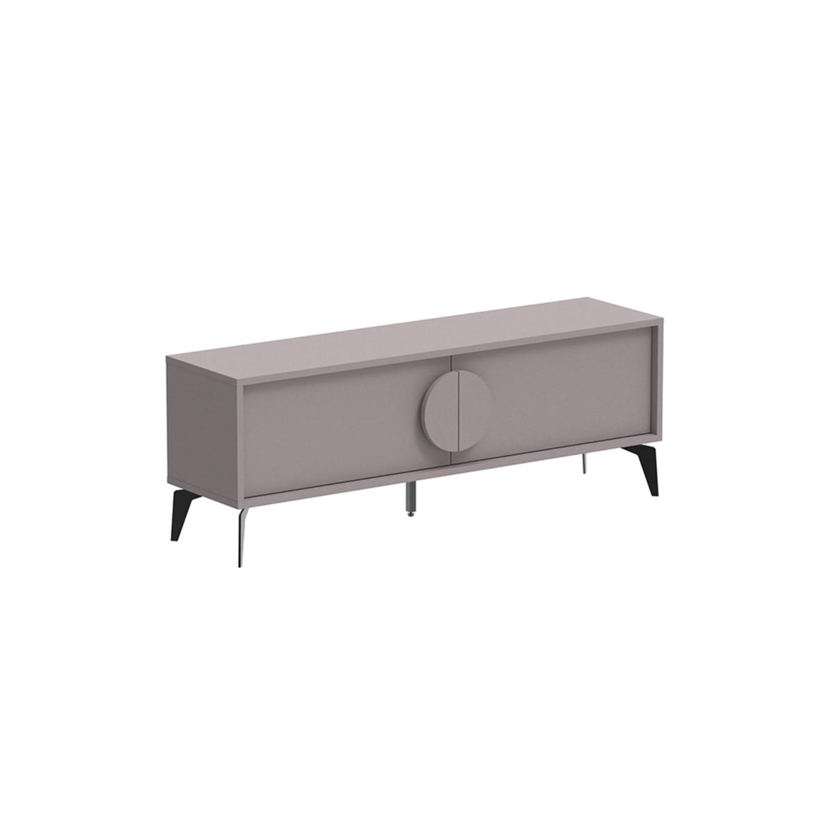 Modern TV stand in light gray with rectangular body and round center door pull