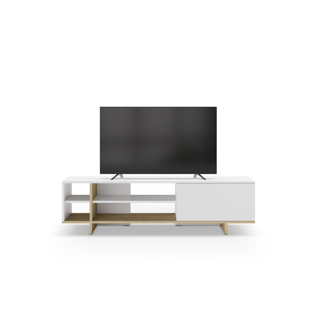 White TV stand with open media shelves and low cabinet base