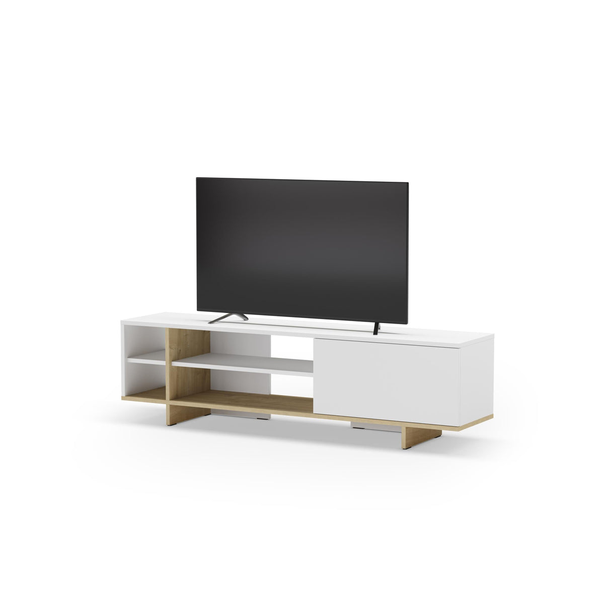 White TV stand with oak-toned inner shelves and open storage compartments