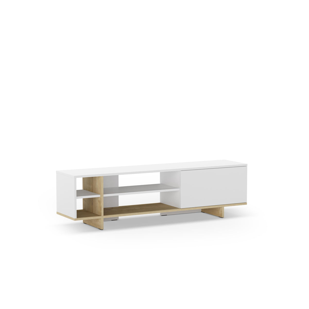White TV stand with open shelf section, long cabinet, and tapered legs