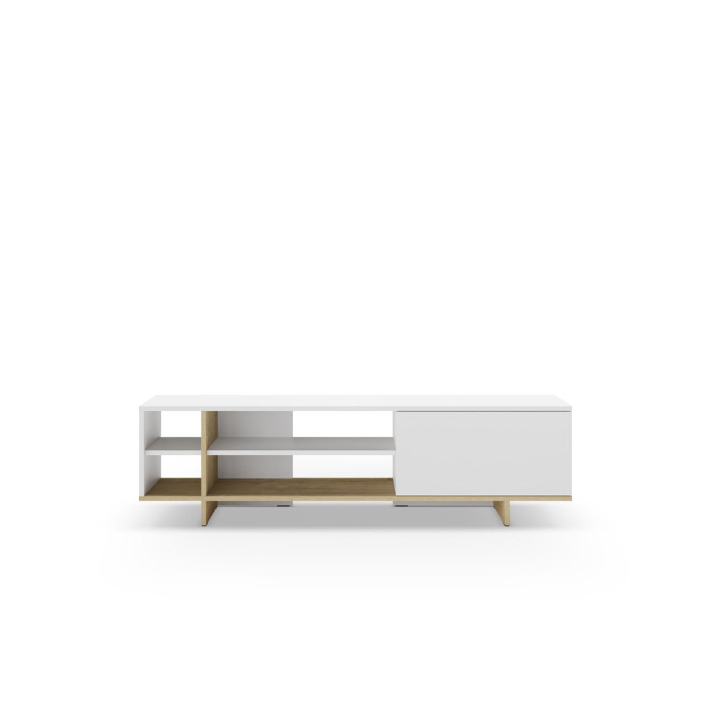 White TV stand with open media shelves, low drawer, and cable-ready center