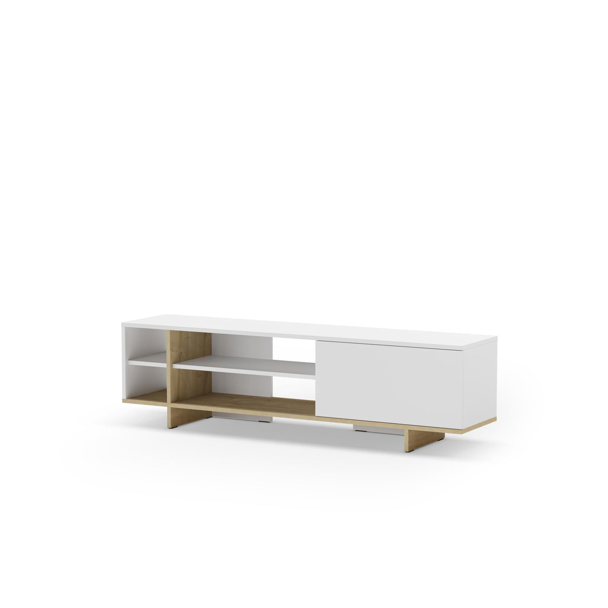 White TV stand with open oak shelving and side cabinet storage