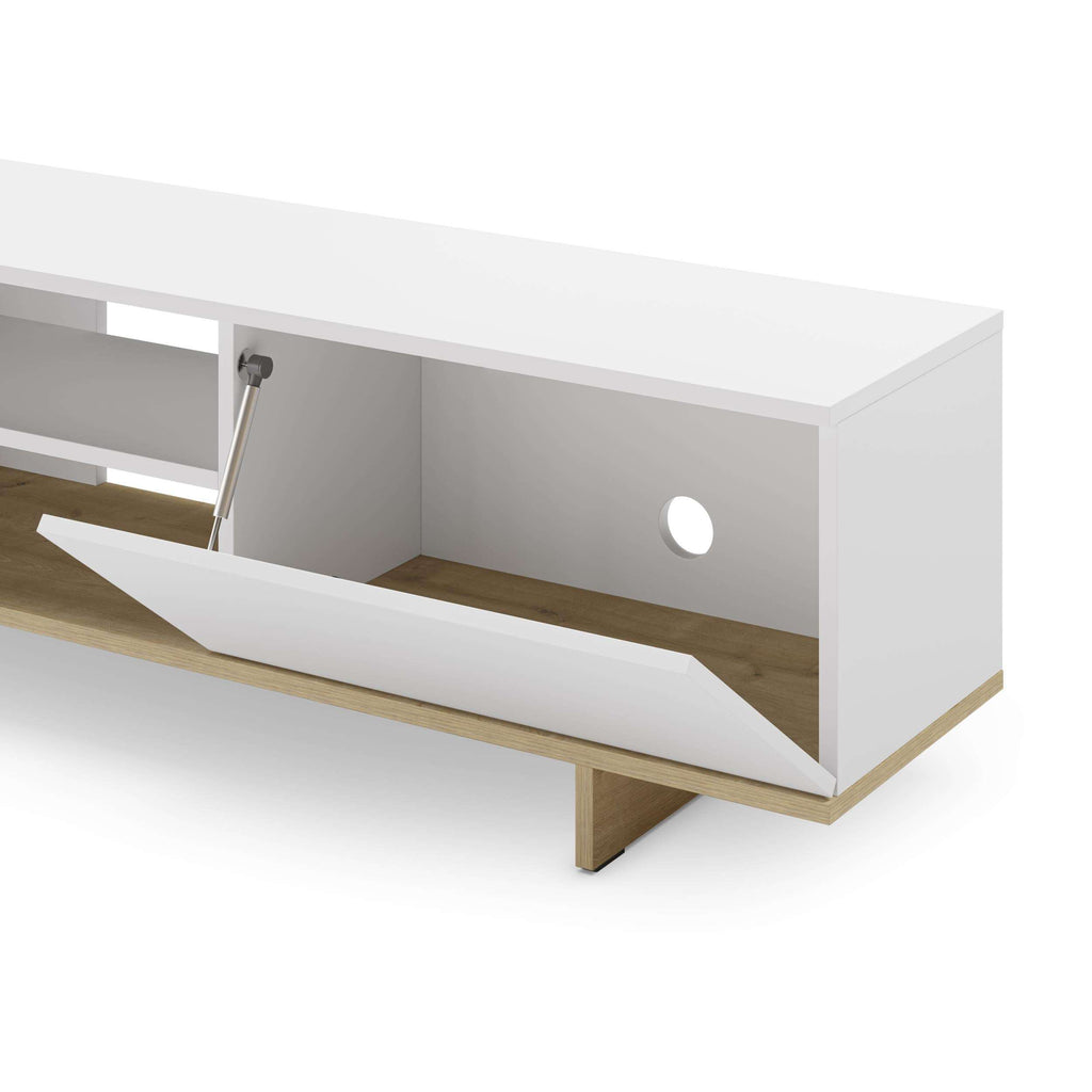 White TV stand with storage drawer, pull-out panel, and light oak-toned base