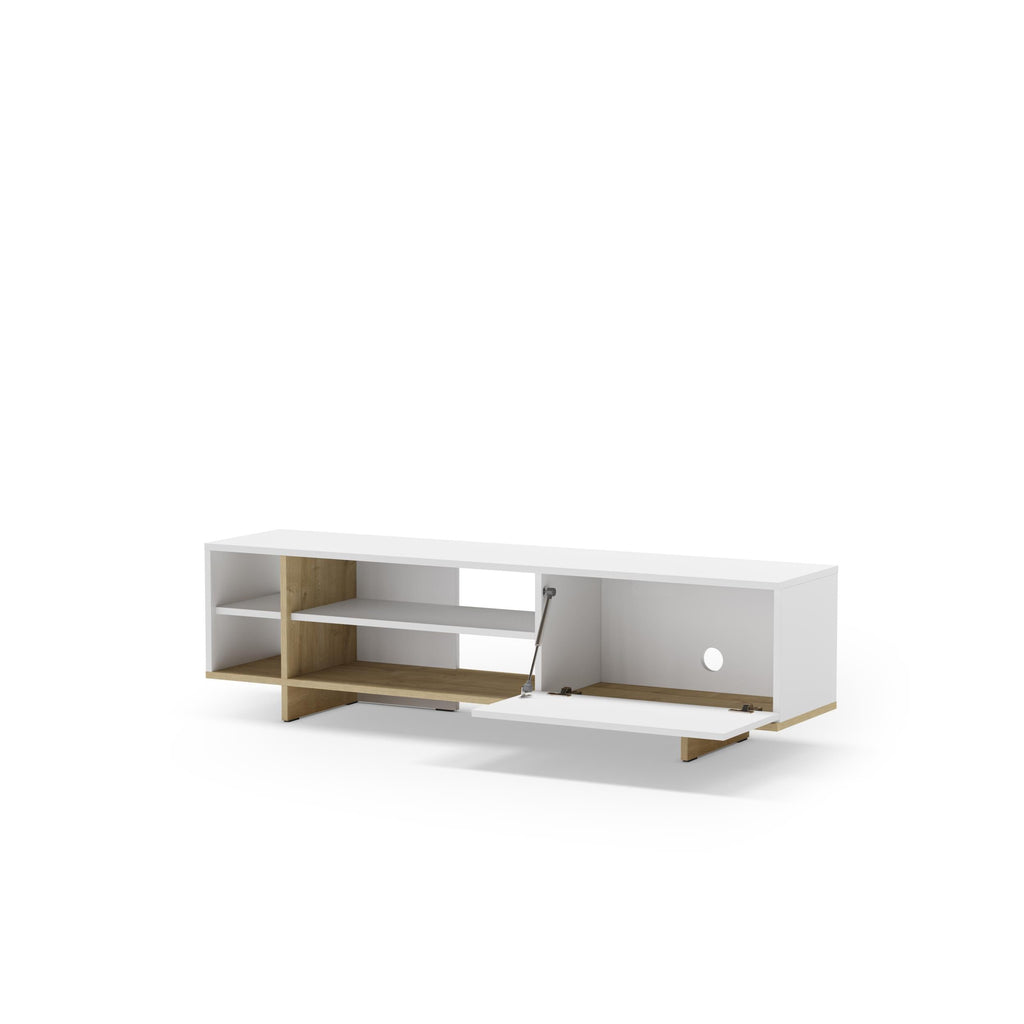White TV stand with open shelves and flip-down pull-out storage panel