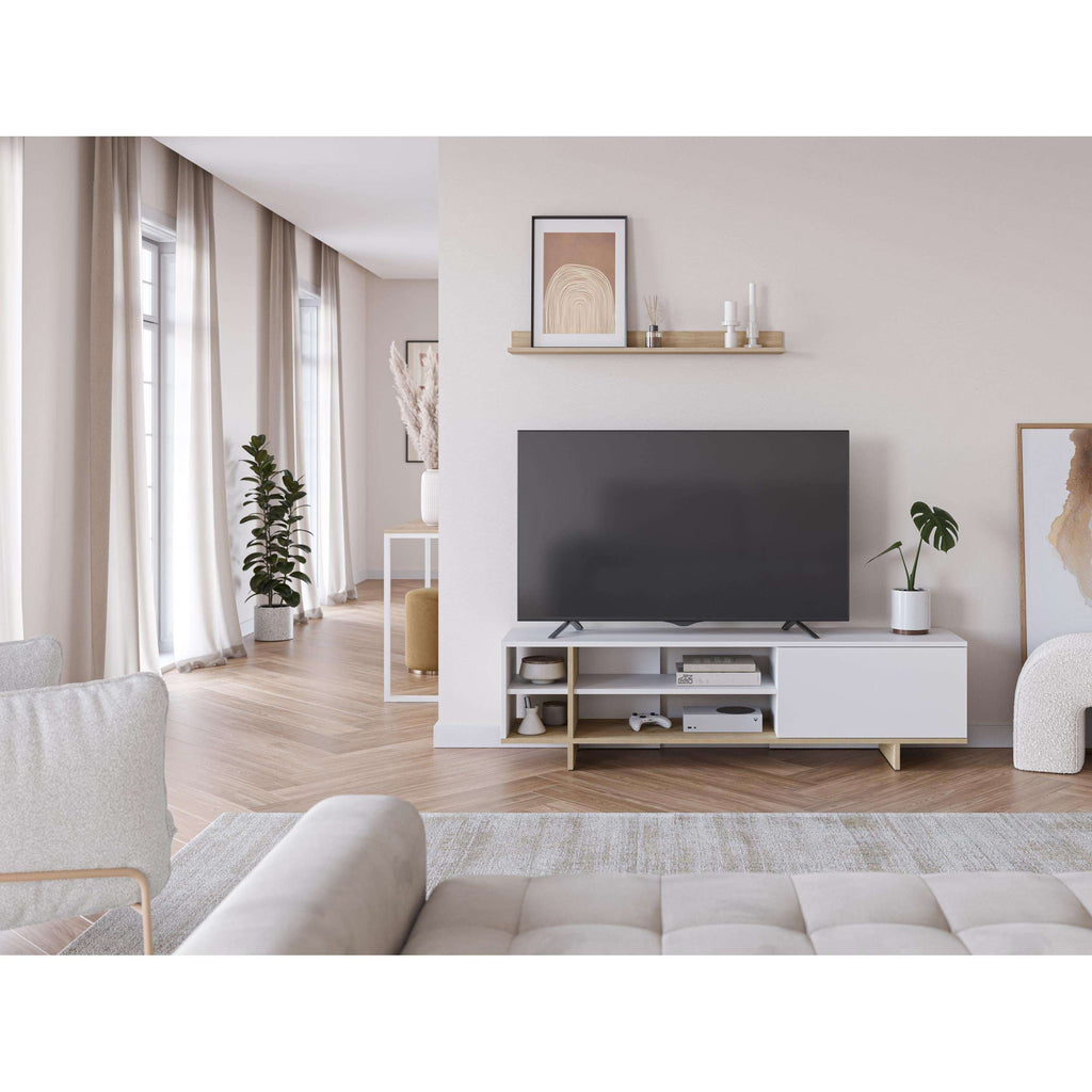White and wood TV stand with open shelves and a media compartment beneath the TV