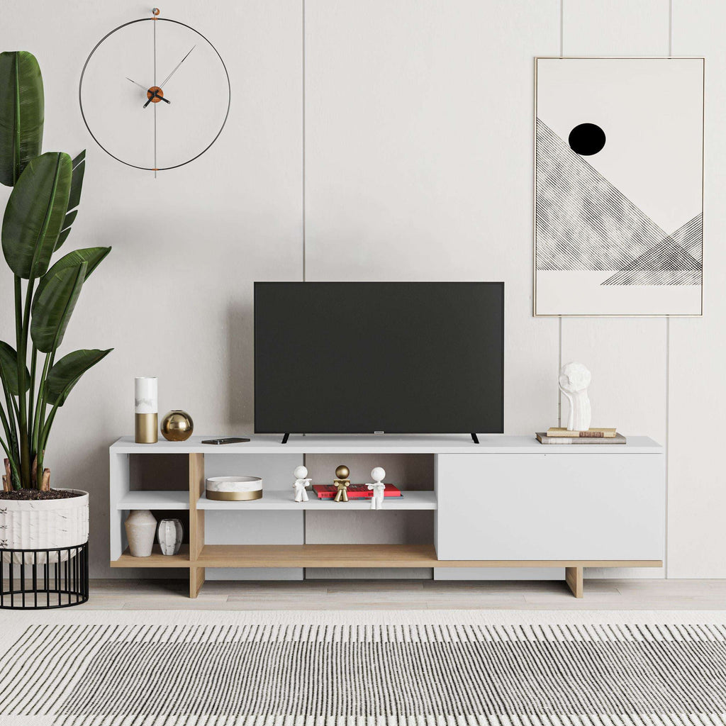 White TV stand with light wood shelves and central open storage under the TV