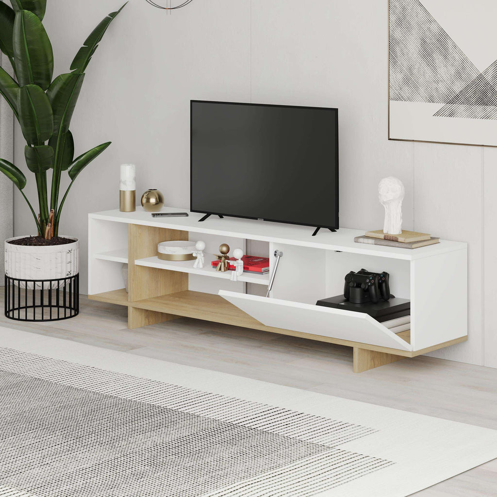 White TV stand with open shelves, center cable space, and storage drawer