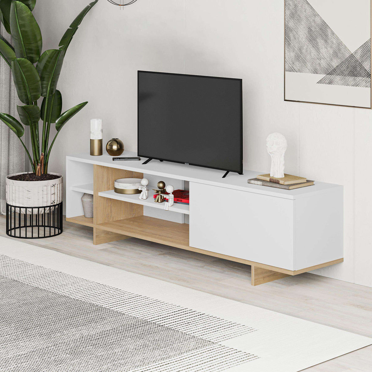 White TV stand with light-wood shelves and center compartments, wide console design.