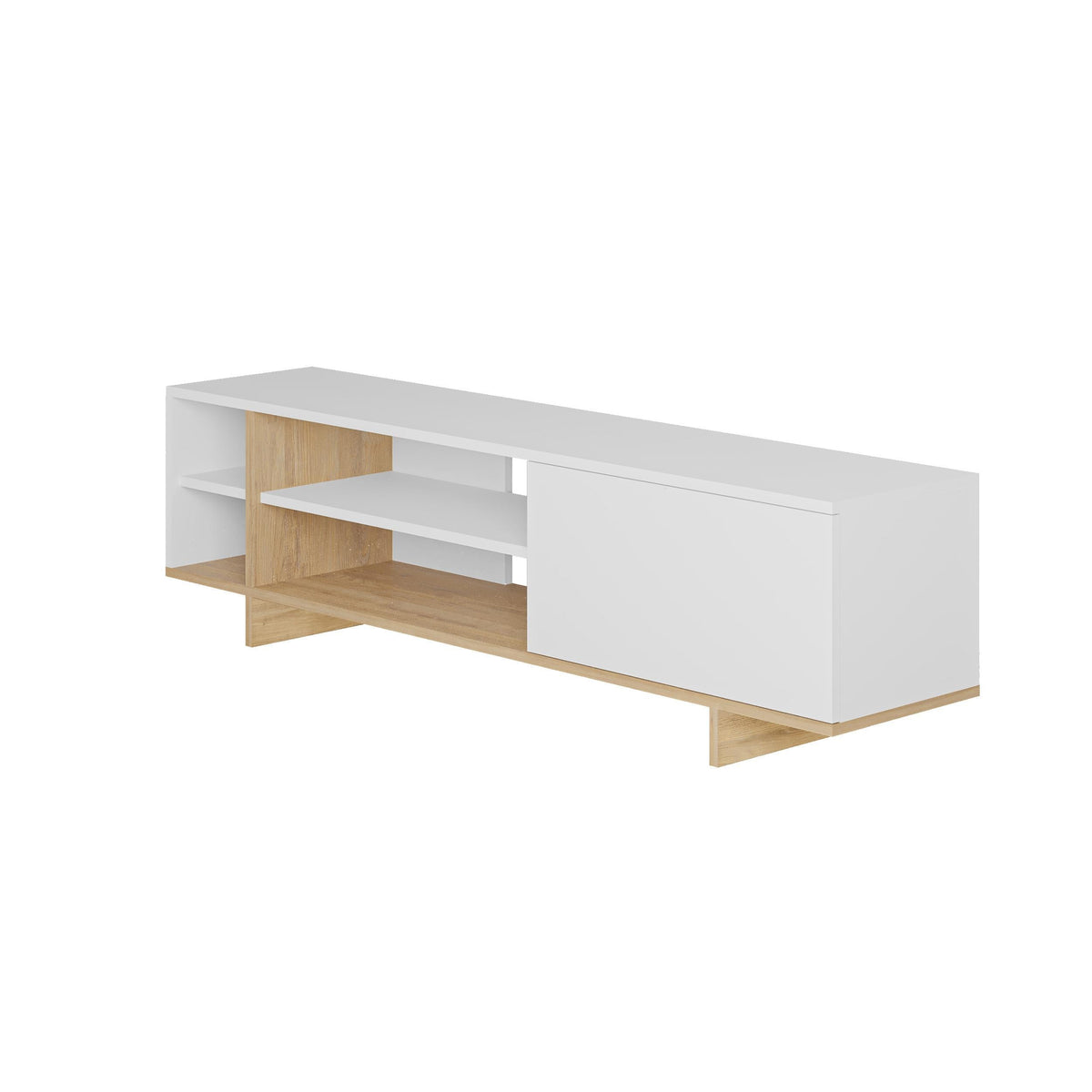 White TV stand with open oak shelves and side storage cabinet