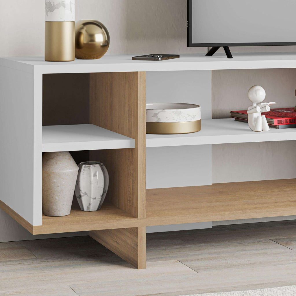 White TV stand with open cubby shelves and concealed storage behind doors