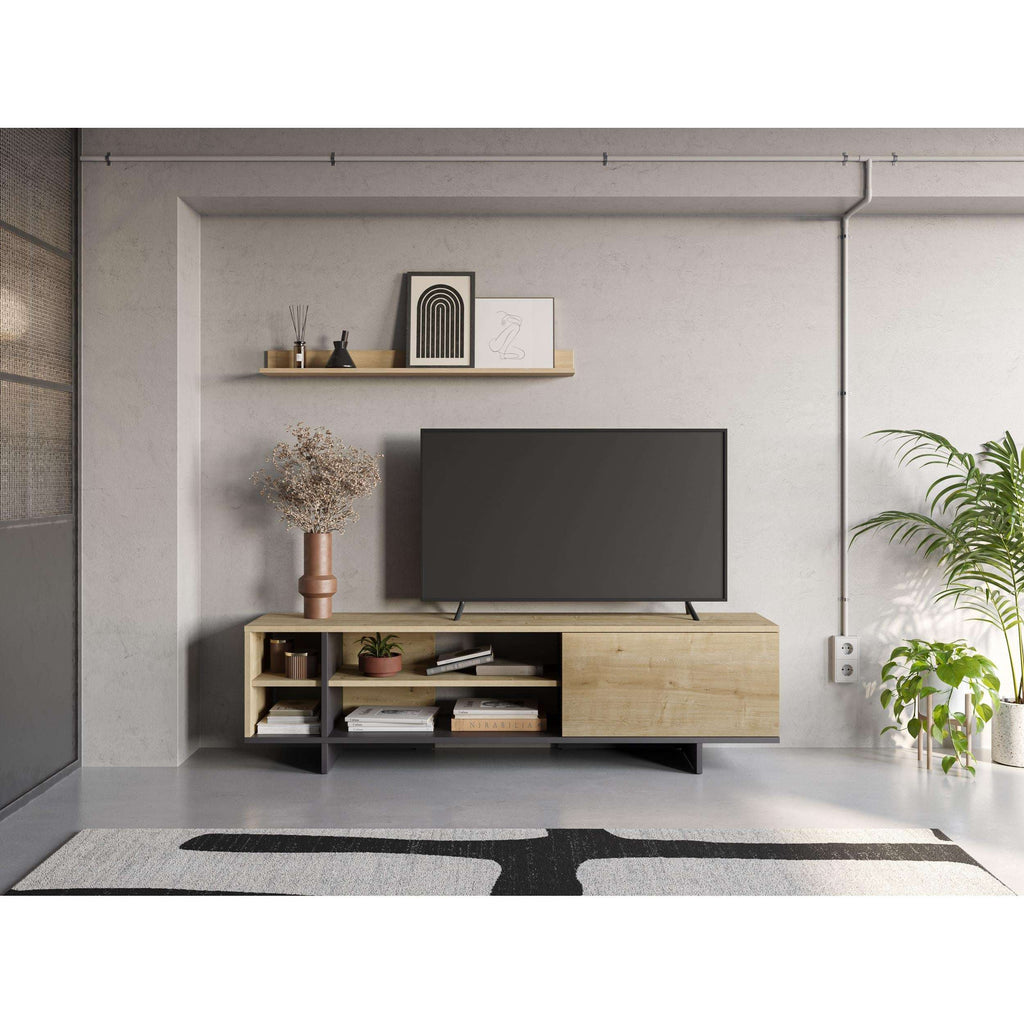 TV stand with open shelves and large side cabinet, oak finish with dark legs