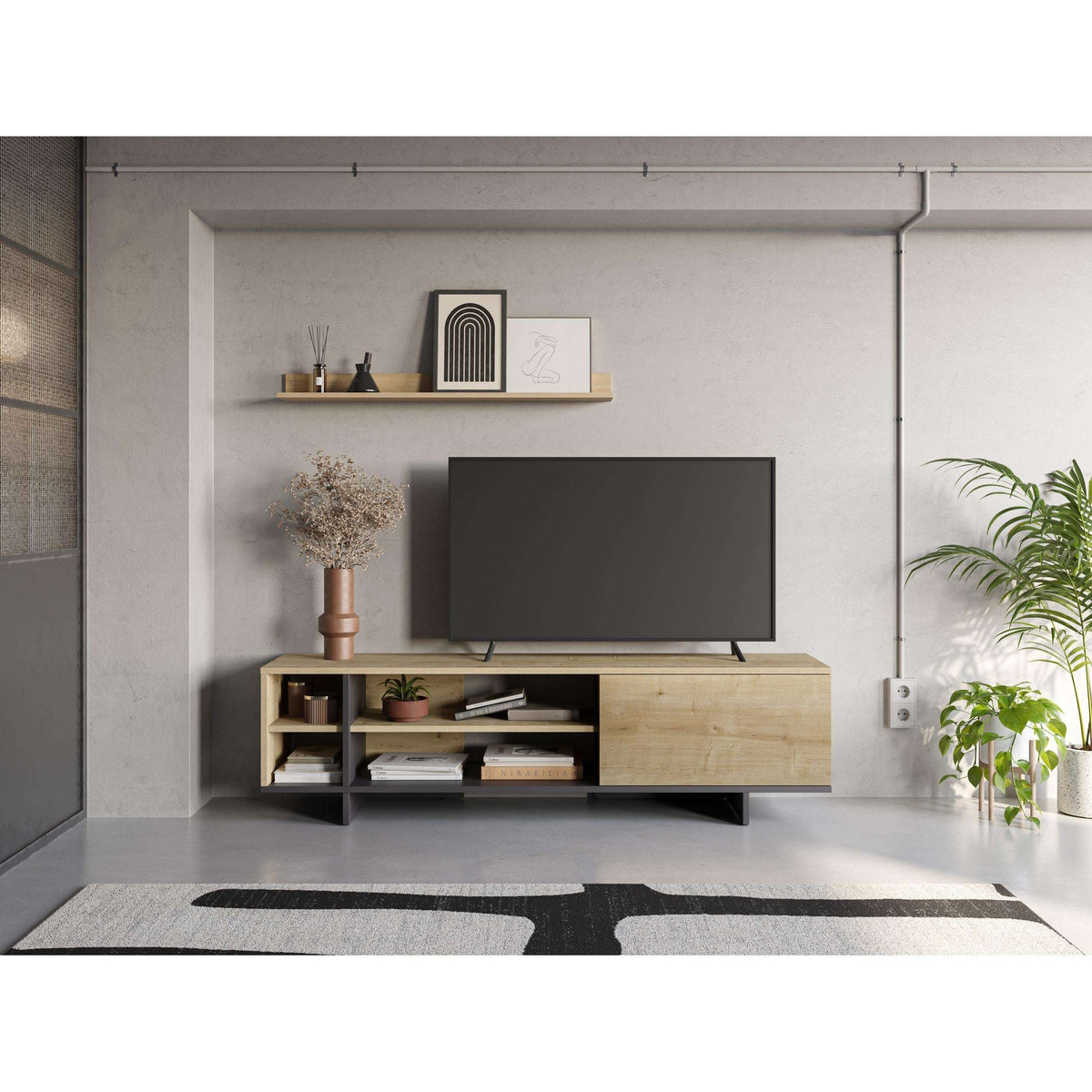 TV stand with open shelves and large side cabinet, oak finish with dark legs
