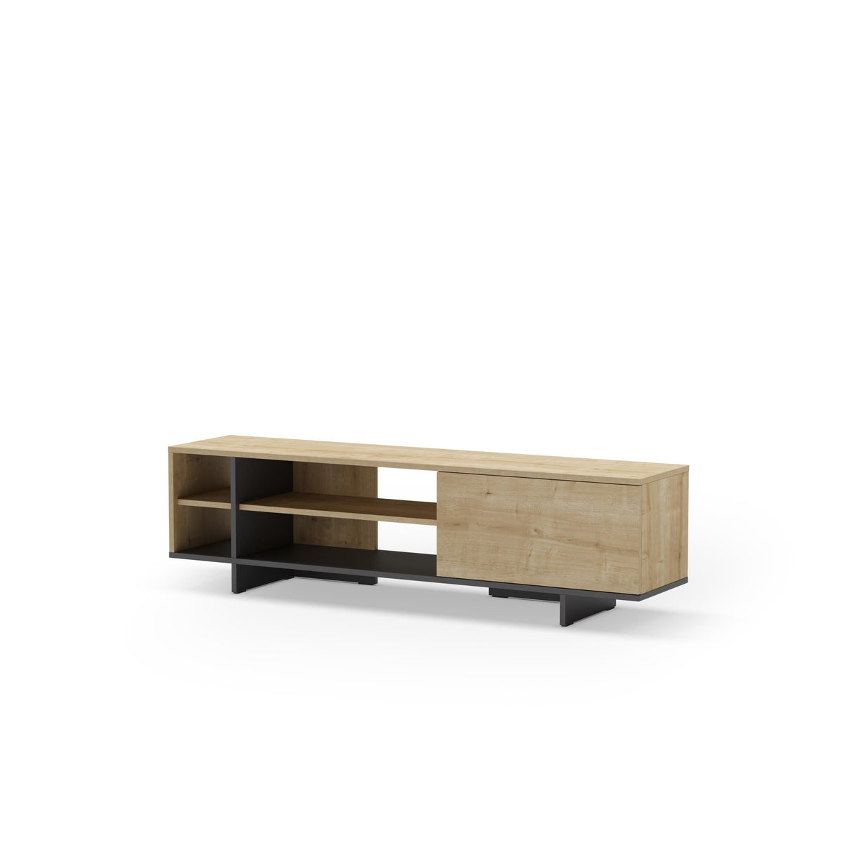 Low TV stand with open storage shelves and side cabinet, light oak and dark frame