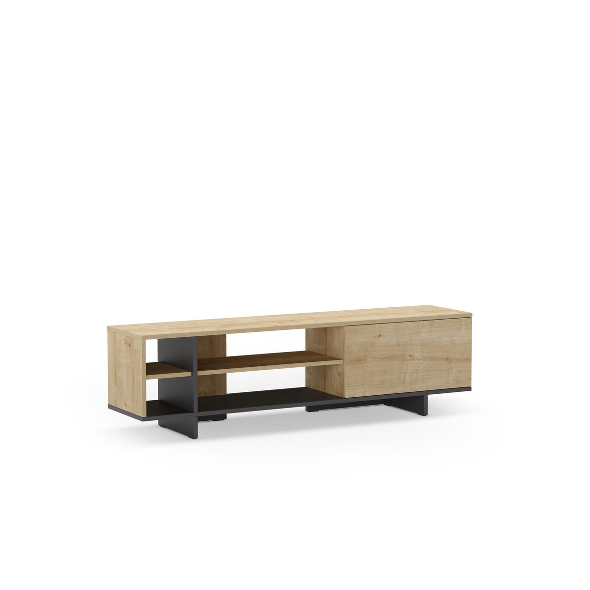 TV console with open compartments on left and cabinet on right, light oak and dark legs