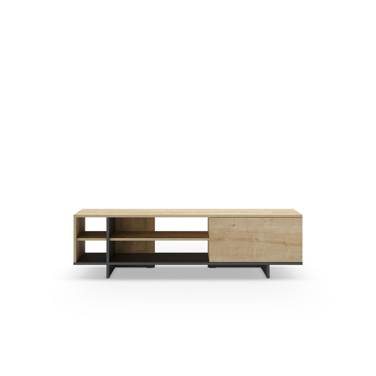 Rectangular TV stand featuring open shelf section and right cabinet, light oak finish