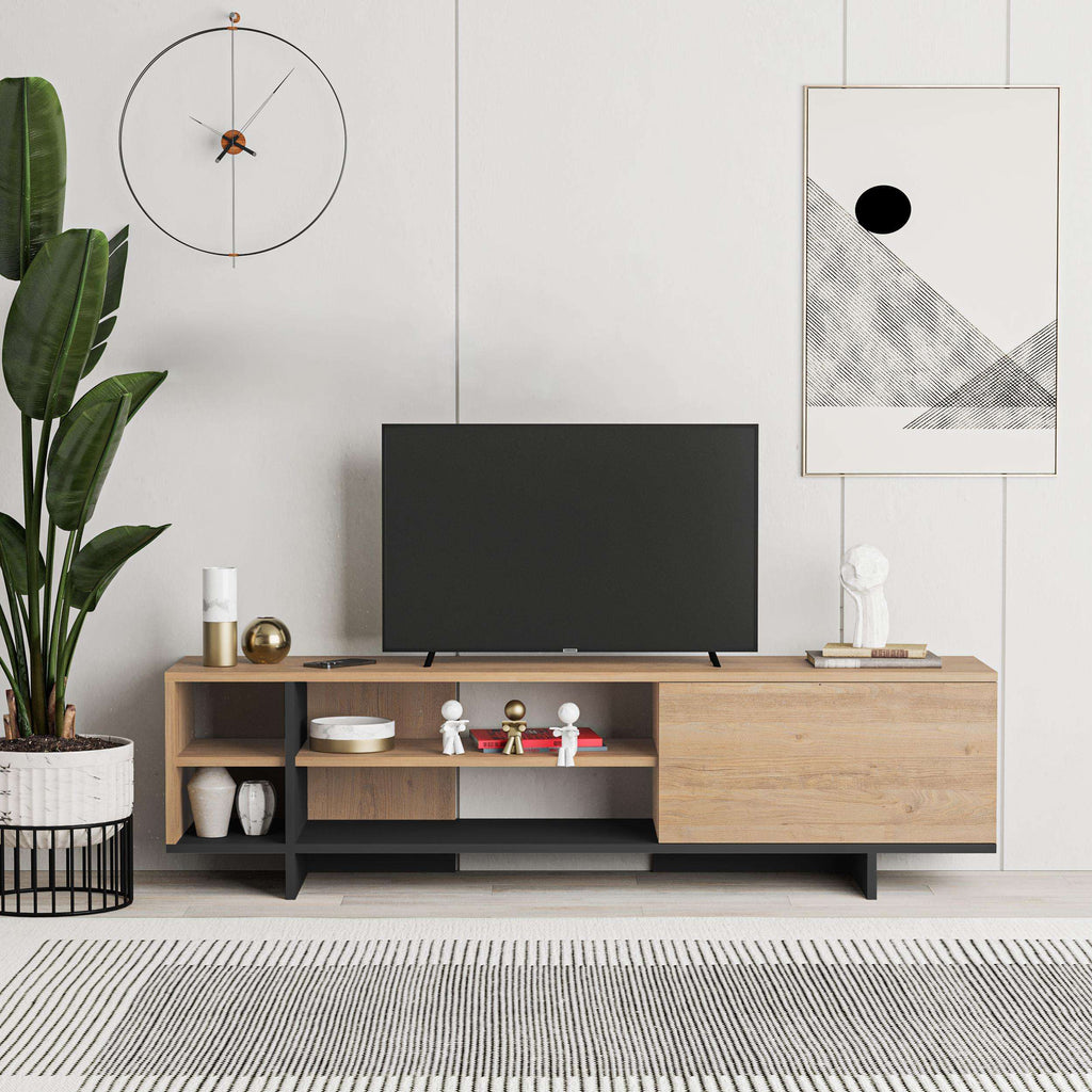 TV stand with open cubbies and wide cabinet, oak top and shelves with dark base