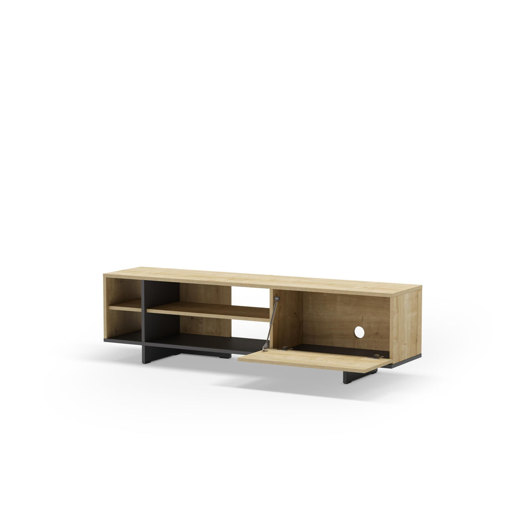 Light oak TV stand with open shelves and a pull-out media panel