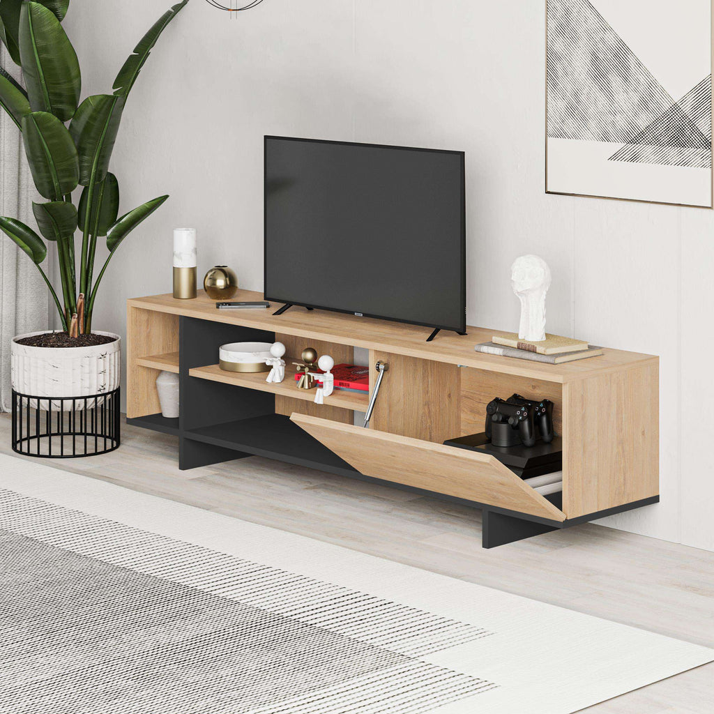 Oak TV stand with black accents, open shelves, and a sliding media drawer