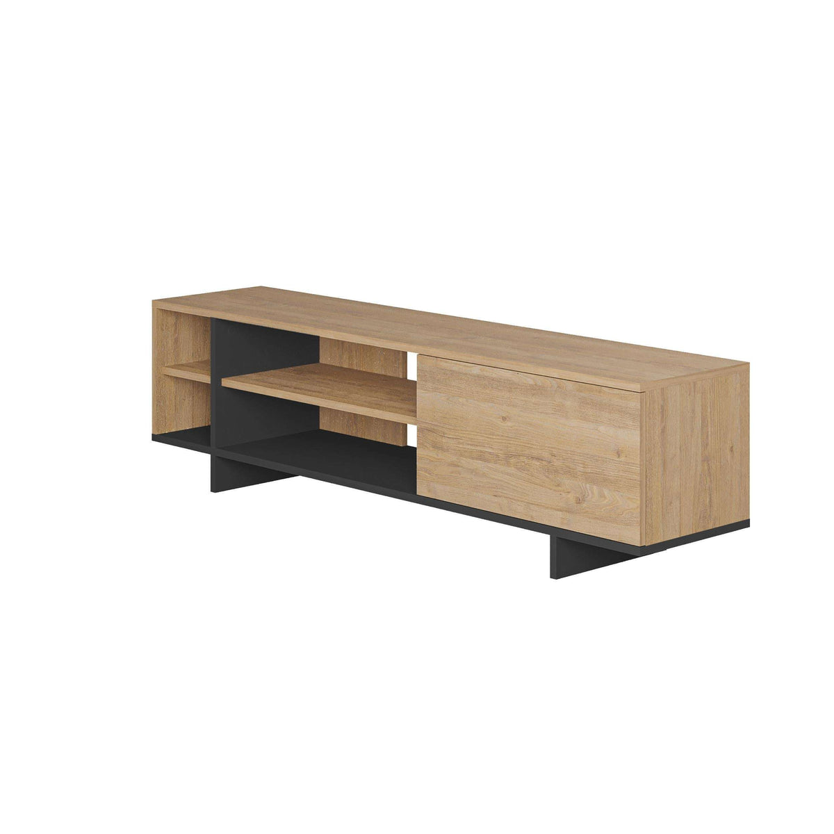 Light oak and black TV stand with open shelving and concealed media compartments