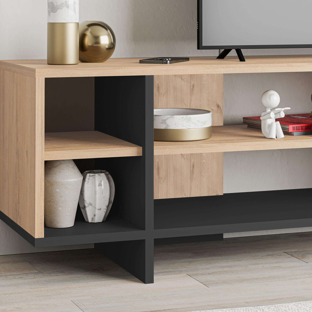 Oak TV stand with black internal shelves and open storage cubbies