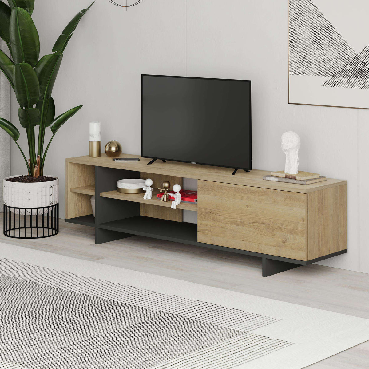 TV stand console with open shelves and large cabinet drawer, light wood and dark base.