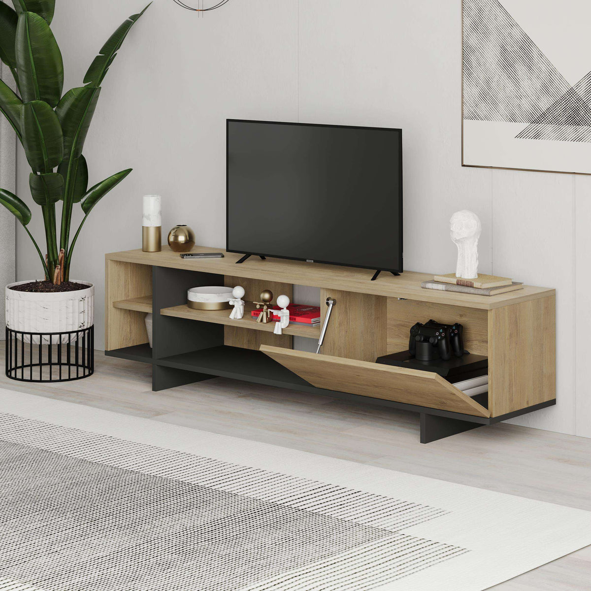 Wood TV stand with open shelves and side drawers, black-and-wood storage console.