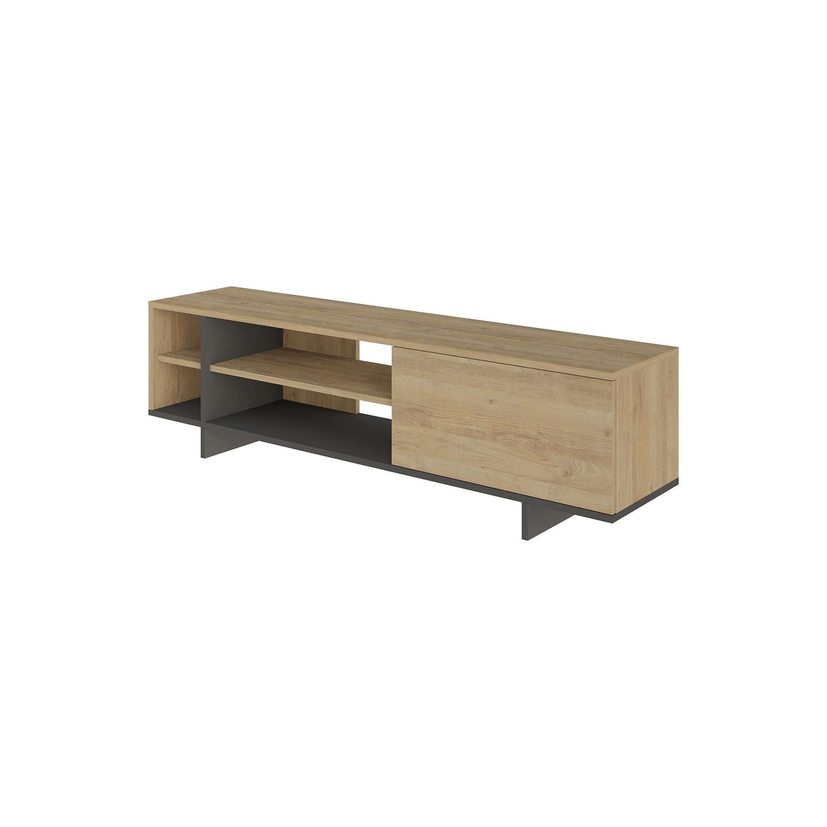 Side view of TV stand with open shelves and cabinet, light oak body and dark feet