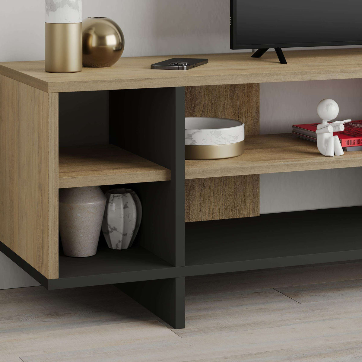 Wood TV stand with open shelves and concealed storage, dark trim base.