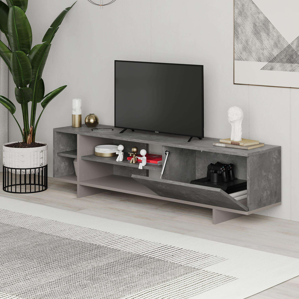 Concrete-look TV stand with open shelves and center drawer, grey finish storage console.