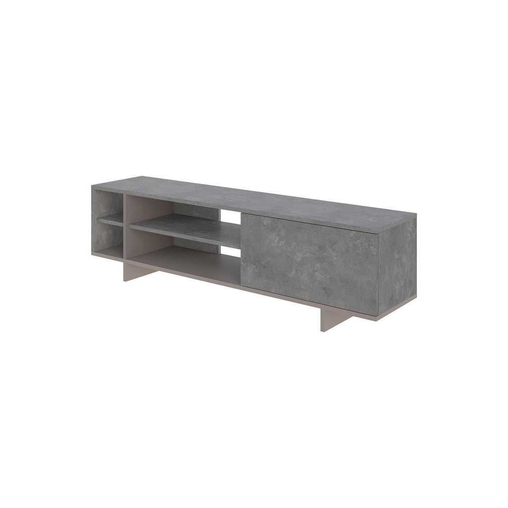 Concrete-look TV stand with wide drawer, retro silver gray finish and open shelf section.