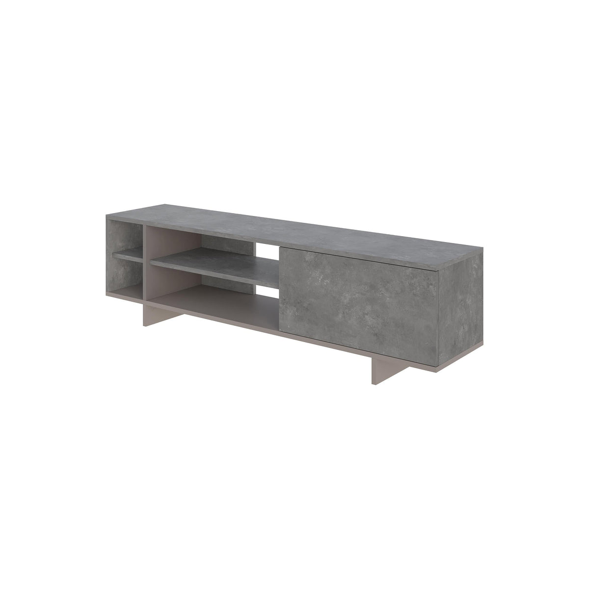 Concrete-look TV stand with wide drawer, retro silver gray finish and open shelf section.