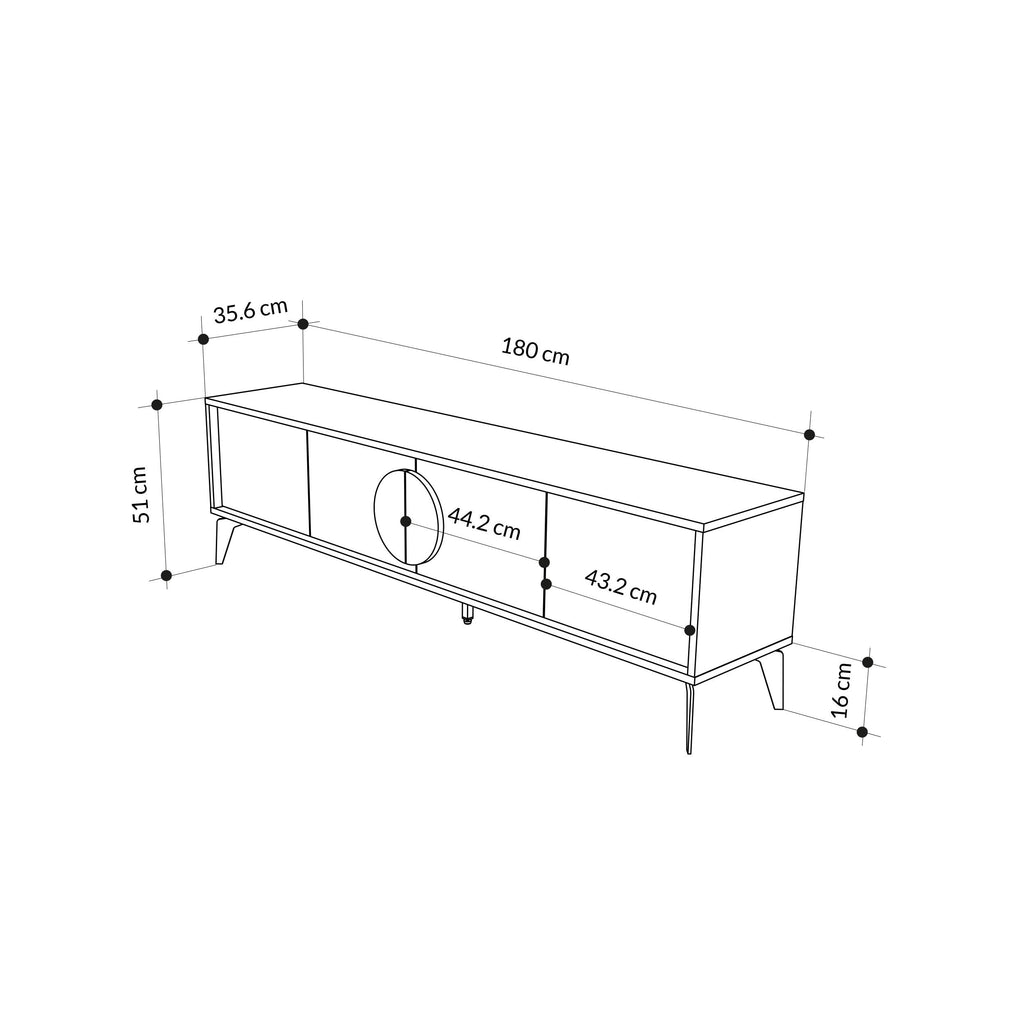 TV stand dimensions diagram, 180 cm wide with cabinet and round pull