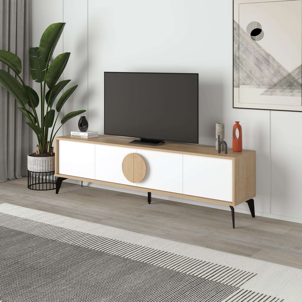 Modern TV stand with white cabinet doors, oak top and round wooden pull, slim legs