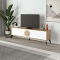 Modern TV stand with white cabinet doors, oak top and round wooden pull, slim legs